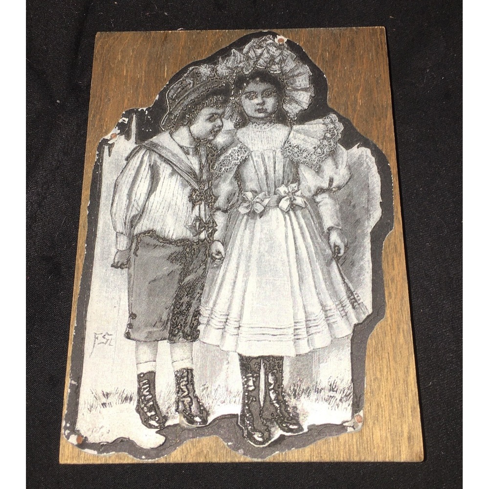 Victorian Children Etching on Metal on Wood Picture Wall Hanging Trophy Vintage